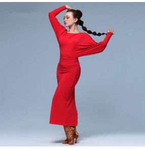 Black red long loose sleeves round neck hollow back back split fashion performance competition professional latin ballroom dance dresses